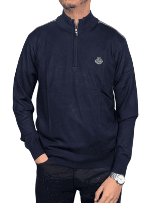 Pull Fin Demi-Zip à Écusson – Bleu Marine Classique