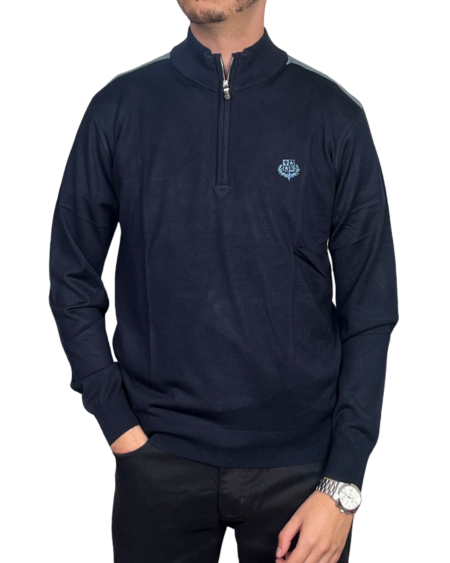 Pull Fin Demi-Zip à Écusson  – Bleu Marine Classique