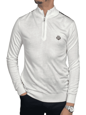 Pull Fin Demi-Zip à Écusson – Blanc Lumineux