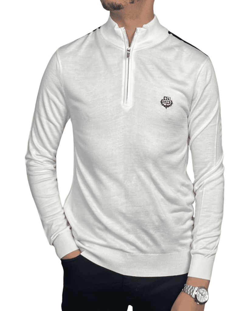 Pull Fin Demi-Zip à Écusson  – Blanc Lumineux