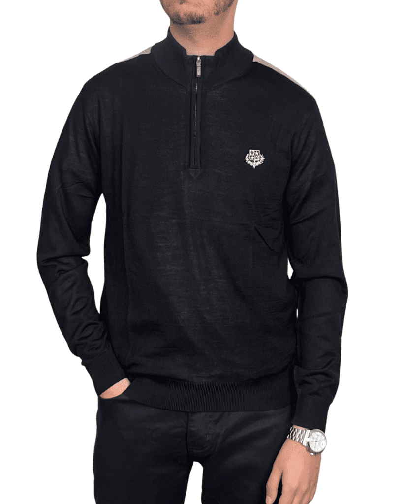 Pull Demi-Zip Noir avec Écusson – Noir Profond
