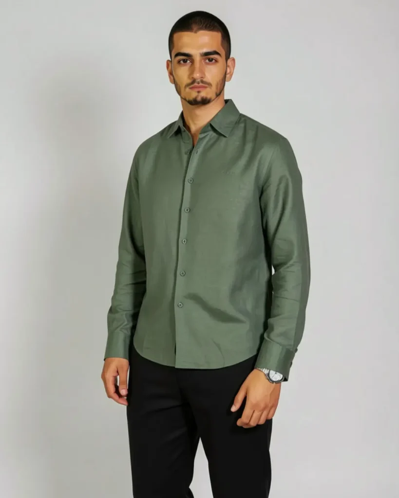 Chemise en Lin Vert Olive Homme - Coupe Regular | Barii9